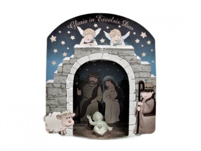 Presepe in cartone con Gesù Bambino fluorescente cm. 12x11
