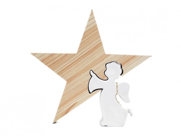 Stella legno con Angelo in porcellana cm. 24,5