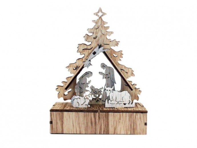 Casetta legno Natività con luce cm. 14,6