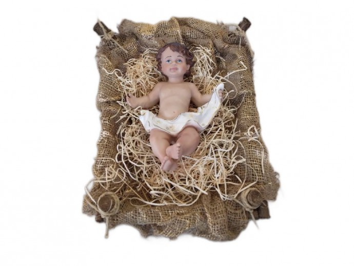 Culla in legno e juta con Gesù Bambino con stola