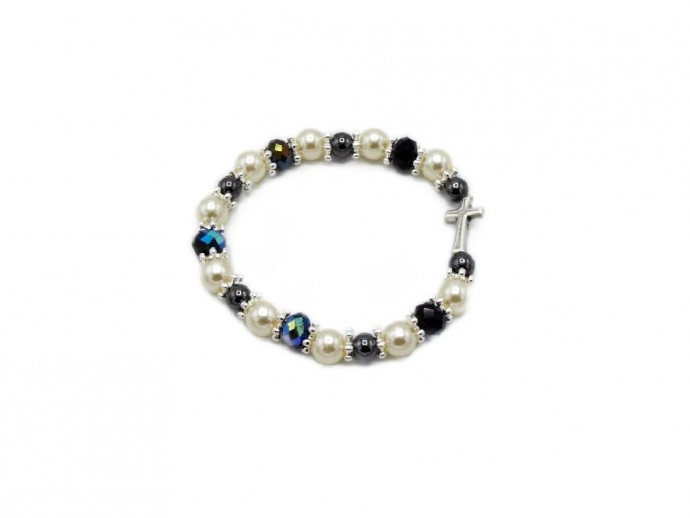 Bracciale grani in ematite e imitazione perle