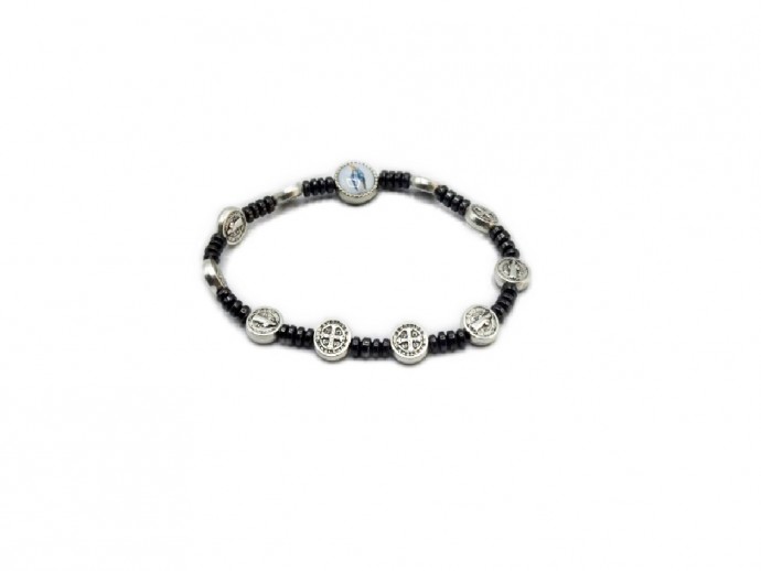 Bracciale con grani ematite e poste per la preghiera in  metallo