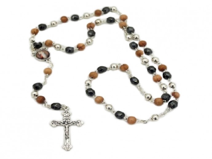 Corona rosario legno ed ematite con croce in metallo. misura mm 6