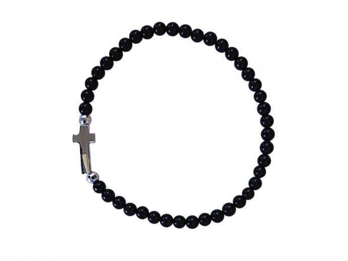 Bracciale rosario con grani in onice nero e crocetta argento