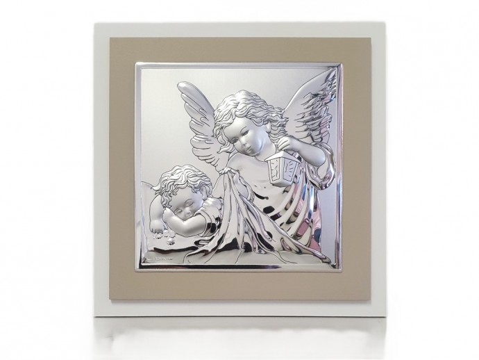 Quadretto Angelo custode bilaminato argento cm. 17x17