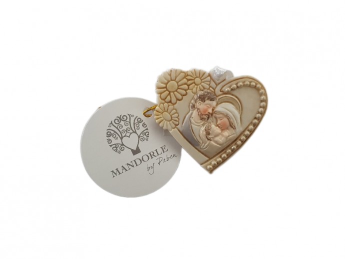 Ciondolo cuore con fiore Sacra Famiglia cm. 4,5x4,5