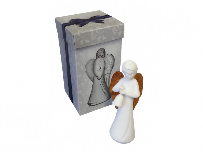 Angelo con campana e ali in legno d’ulivo cm 12