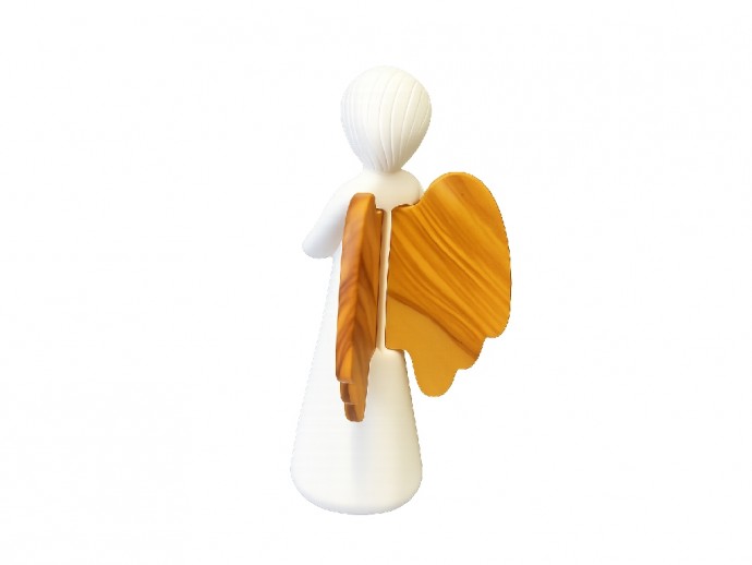 Angelo con campana e ali in legno d’ulivo cm 12